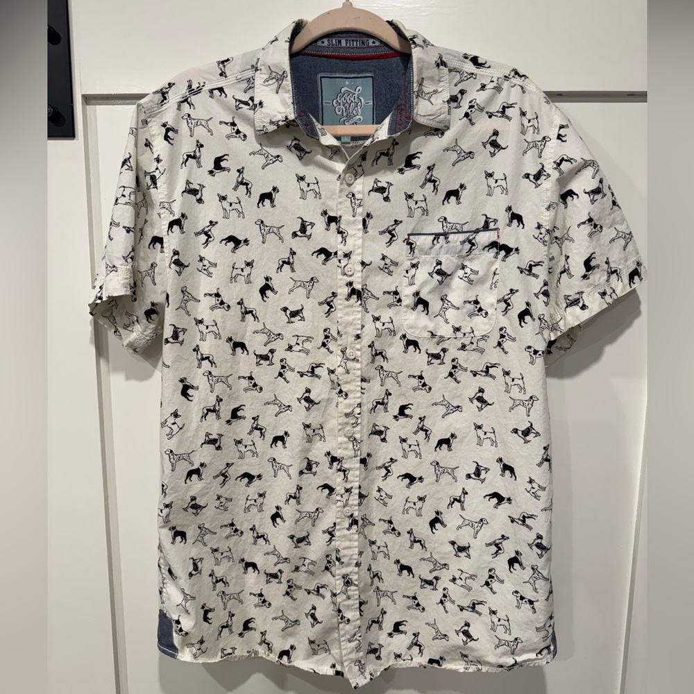 Men's Black and White Patterned Shirt with Dogs